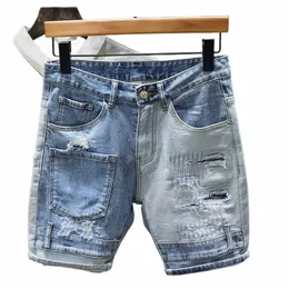 Dünne Gerade Jeans Shorts Männer Persality Multi Tasche Gemischte Nähte Patch Ripped Loch Denim Shorts Männlichen Streetwear 19FW #