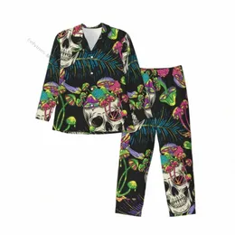 Herren-Pyjama-Sets Crazy Mad Skull Magic Mushrooms Hippie-Nachtwäsche Lg-Ärmel Freizeit-Outwear Herbst-Winter-Loungewear B3TM #