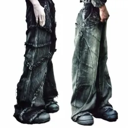 y2k Tassel Jeans Men's Black Gray Wed Jeans Gothic Style Street Trend Teen Clothes Retro Loose Wide Leg Pants B9XG#
