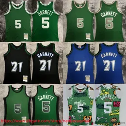 Bedrucktes klassisches Retro-Basketballtrikot 1997–98, 21 Kevin Garnett-Trikot, Vintage-Blau, Schwarz, 2007–08 Grün, 5 Garnett-Trikots, atmungsaktive Sport-Shirts