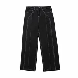 Pantaloni in denim di colore solido Pantaloni da uomo High Street Stitch Spliced Jeans larghi Streetwear Pantaloni a gamba dritta Pantaloni casual da uomo 56mZ #