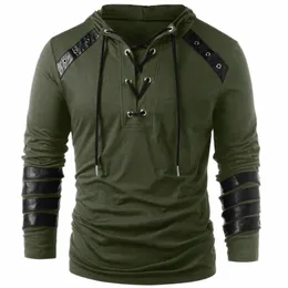 Herren Gothic Steampunk Hoodie Shirts Sweatshirt Schnürung Lg Ärmel Pullover Mit Kapuze Lässige Bluse Tops U8hy #