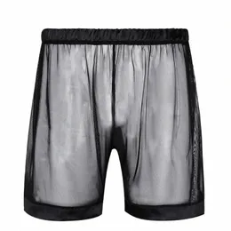 Preto Mens Lingerie Hot Shorts Pijamas See-through Malha Estilo Solto Sexy Masculino Lounge Boxer Shorts Nightwear z6Wt #