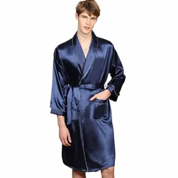 large Size 3XL 4XL 5XL Robe Men Summer Single Nightgown Navy Blue Satin Bathrobe Kimo Gown Lg Sleeve Home Dring Gown q44z#