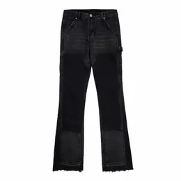 liluo Kundenspezifische hochwertige schwarze graue Laser-Männerhosen Flare gestapelte Jeans Punk-Stil gestapelte Patchwork-Jeanshosen K6Ok #