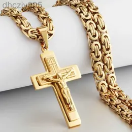 Religiösa män Crucifix 14k Yellow Gold Cross Pendant Halsband Tung byzantinsk kedjehalsband Jesus Kristus Helig smycken gåvor 9mfe