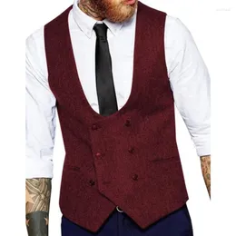남자 정장 U-Neck Herringbone Tweed Men Suit Vest Waistcoat Clasual Formal Business Groom을위한 웨딩 무도회 슬림 맞춤 제작.