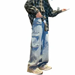 Amerikansk stil jeans män löst passande high street trendiga drapera Fible ons raka benbyxor mångsidiga arbetskläder byxor k9kp#