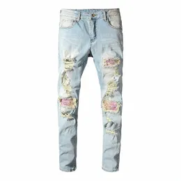 sokotoo Мужские лоскутные банданы с принтом пейсли байкерские джинсы Голубые рваные узкие эластичные джинсовые брюки с дырками Брюки S1PN #