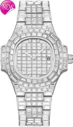 Brilhante luxo masculino diamante relógio completo gelo retangular quartzo simulado aço inoxidável à prova dwaterproof água relógio hip hop rap cantor