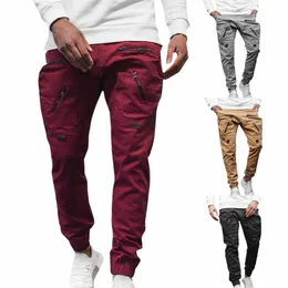 Männer Cargo-Hosen Einfarbig Multi-Taschen-Reißverschluss Decorati Knöchelband Herbsthose für Schule E0Ov #
