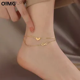 Anklets OIMG 316L Stainless Steel Gold Foot Jewelry Vintage Fashion Double layered Heart shaped Letter Pendant AnkleC24326