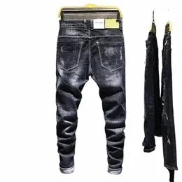 Рваные джинсы Мужчины Slim Fit Stretch Printed Fi Дизайнерская уличная одежда Мужские джинсовые брюки Потертые винтажные мотоциклетные байкерские джинсы Мужчины b2TK #
