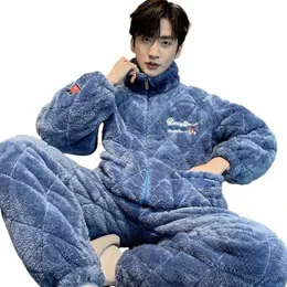 수컷 잠자리 남자의 겨울 두꺼운 봉제 라운지웨어 3 층 Coral Veet Pajama Suit Insulati Jacket Boys Home Clothing Set P9oy#