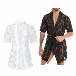 men Floral Lace Lingerie Party See Through Night-Robe Male Sissy Underwear Cardigan Bathrobe Loungewear Nightwear Sleepwear 856o#