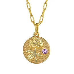 Halsketten mit Anhänger ChainsPro Coin CZ Zierliche Geburtsmonats-Blumenscheiben-Halskette mit eingraviertem Geburtsstein, personalisierter Geburtstagsschmuck für Sie