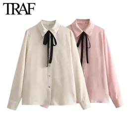 Traf Women Fashion Spring Long Rleeve Lapel Bow Blouse Street Clothing Satynowa biała koszula