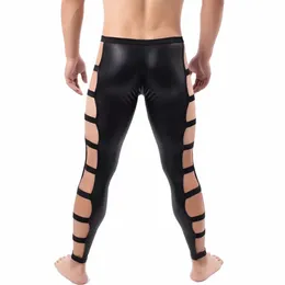 Sexy Men Wet Look Calças de Látex Lingerie Lado de Couro Falso Lace Up Calças Gay Calças Apertadas Calças Góticas Clubwear Corredores Streetwear Homens B5f4 #