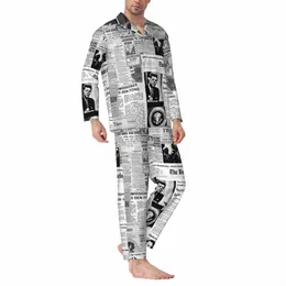 Zeitung Collage Pyjama Sets Herbst alte amerikanische Zeitungen Fi Nacht Nachtwäsche 2 Stück lässig übergroße Design Nachtwäsche e0sR #