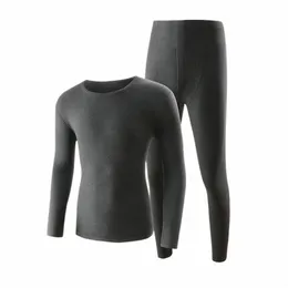 Männliche Thermo-Unterwäsche-Set Solide Rundhalsausschnitt Lg-Hülsen-Hosen-Set für Mann Herbst-Winter-warme Hosenanzug Homewear Pyjamas 40jB #