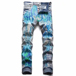 Män trycker jeans streetwear bokstäver Lightning Painted Stretch Denim Pants Vintage Blue Ripped Butts Fly Slim avsmalnande byxor T4O9#