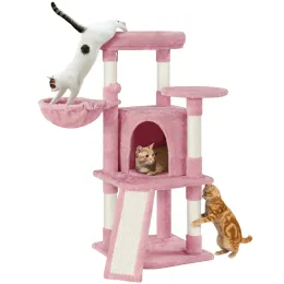 Arranhadores 42 ''Torre de gato com cesta de condomínio, plataforma de poleiro, rosa, suprimentos para gatos, brinquedos para gatos, para que os gatos possam brincar felizes