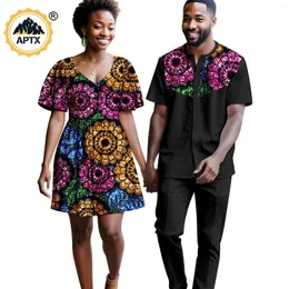 エスニック服ダシキアフリカンプリント女性のための女性のためのカップルの衣装を一致させるバジンリッチンパッチワークトップシャツとパンツセット