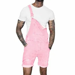 pink Denim Overall Shorts for Men 2022 Fi Hip Hop Streetwear Mens Jeans Overall Shorts Plus Size Short Jean Jumpsuits w6nE#