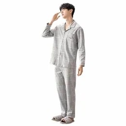 cott Men's Lg Sleepwear Korean Fi Printed Cardigan Homewear Male Big Size L-3XL Pajamas Set Breathable Pijamas Hombre Q8We#