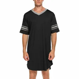 Men Cott Nightshirt Sleep Tops Kort ärm V-ringning Mjuk lös nattkläder Sleepwear Casual Homewear Summer Male Nightdr Ny 55F5#