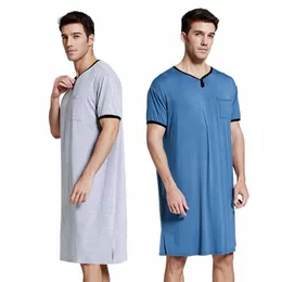 Männer Schlaf Roben Muslim Kurzarm Solide Pyjamas Nachtwäsche Taschen Gemütliche Cott Vintage Homewear Nachthemd Männer Bademäntel Hot W2Ab #