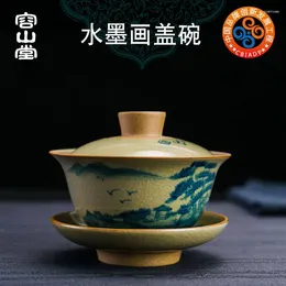 찻 주식 세트 | 파란색과 흰색 Tureen 수동 고고화 세라믹 대형 그릇 거친 도자기 손으로 그린 ​​티 컵 가정용기구