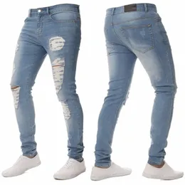 2024 Men Stacked Ripped Cott Jeans Streetwear Distred N Leg Denim Pants Boyfriend Punk Slim Fit Cool Harajuku Trousers 20a5#