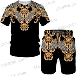 Herren-Trainingsanzüge Sommer 3D-gedruckte T-Shirt-Shorts 2-teiliges lässiges Herren-Set Muster Herren-Sport-Set Gold luxuriöses Retro-Kurzarm-Set T240326