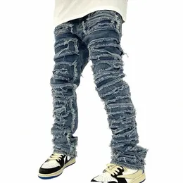 Retro Buraco Rasgado Distred Jeans para Homens Em Linha Reta Wed Harajuku Hip Hop Solto Calças Jeans Vibe Estilo Casual Calças Jean v8mK #