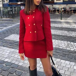 XEASY Tweed Women Twopiece Set Dark Red Vintage Office Lady Double Breasted Blazer Female Slim High Waist Mini Skirt Suit 240309