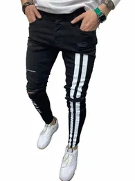 stripe printing Jeans Men Cott Stretchy Ripped Skinny Jeans High Quality Hip Hop Black Hole Slim Fit Oversize Denim Pants a4ho#