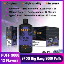 SFOG Original Puff 9000 Disponibla ångor Big Bang 9000 Puff 9K VAPE-enhet 18 ml E-Liquid 1,0Ω Mesh-spole 2% 5% 12 smaker VAPER 950mAh Uppladdningsbar elektronisk Cigs Vapor Pen