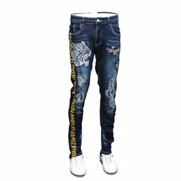 autumn Holes Patch Jeans Male Elastic Tiger Head Leisure Time Tide Brand Designer Jeans Lg Pants Embroidery Printing Tide K1Zy#