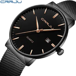 Crrju New Ultra-Thin Watches zegarek stalowy pasek z siatki marki kwarcowe zegarek data moda