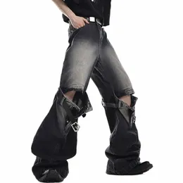 Fillq Vintage Men splated Micro Flear Dżinsy American Style High Street szeroka noga Pierwsze dżinsowe spodnie Summer Nowe ubranie 9A8932N 89TK#