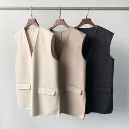 Gilet da donna Autunno Inverno Gilet da donna con scollo a V profondo Cappotto in misto lana e cashmere Orlo da donna con spacco senza maniche Capispalla femminile allentato semplice