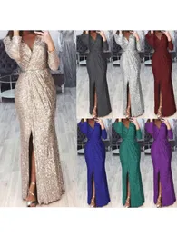 Mulheres cor sólida saia longa vestido de noite profundo decote em v vestido brilhante saia jantar vestido sexy 240311