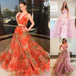 Crop Top Senior Prom Dress Print Floral 2-Piece Ruffle Tulle Winter Spring Formal Evening Cocktail Gala Party Pageant Red Carpet Runway Hoco klänning Orange Pink Tie-back