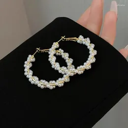 Brincos de argola 18k cor dourada joias da moda tecelagem círculos de pérolas para mulheres festa de feriado diário simples brinco presentes