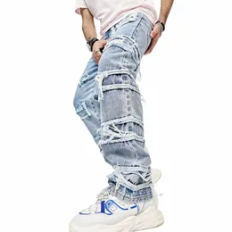 2023 Stylish Men Streetwear Loose Ripped Straight Slim Fit Jeans Trousers Hip Hop Male Holes Solid Casual Denim Pants 992G#
