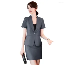 Two Piece Dress Summer Single Button Grey Blazer Women Bsiness Suits With Skirt And Jacket Sets Ladies Work Office Uniform Style Short