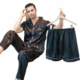 3-piece combinati set of pajamas men's short sleeved shorts lg pants ice silk summer striped embroidered sleepwear 90wN#