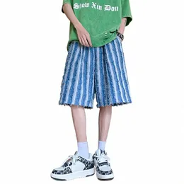 Hip Hop American Street Style Heavy Industrial Men Dżins Nowy punkowy luźne, dopasowanie Fi Shorts Blue Black 08um#