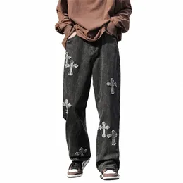 Fi Casual High Street Cross Label retro dżinsy Y2K Men Autumn American Trend Casual Prosty Spodnie luźne goth szerokie nogi 67if#